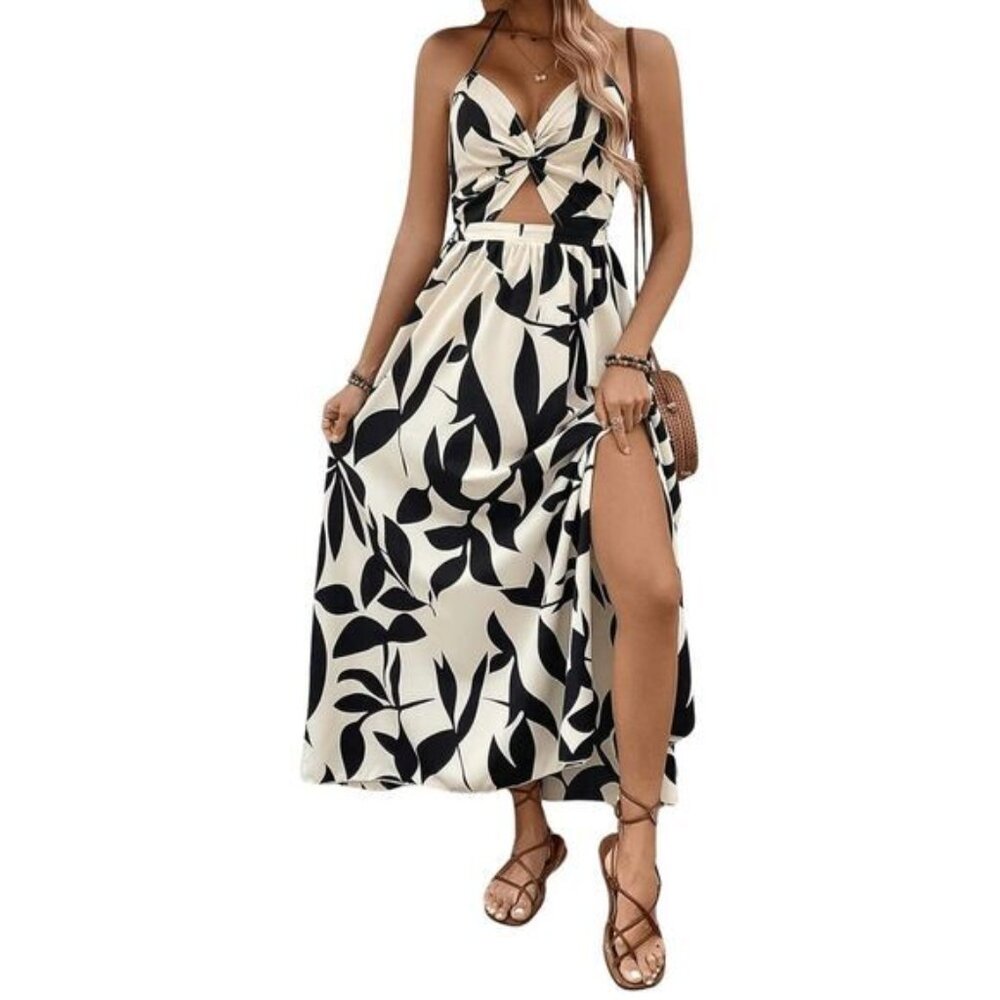 Commense‎ Black Leaf Print Halter Neck Tie Back Twist Cut Out Side Slit Maxi L